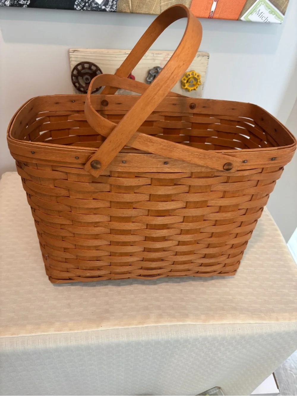 Longaberger Natural Brown Woven Basket with Wooden Handle